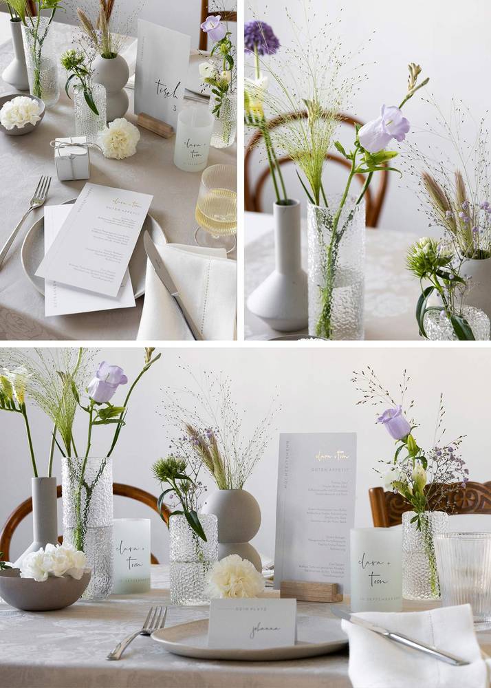  Table de mariage décorée dans un look greenery avec des touches de couleur grâce à des fleurs violettes