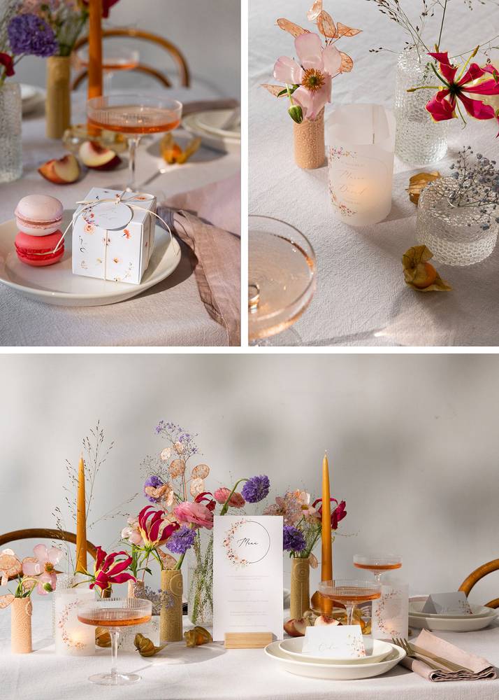  Table de mariage dressée avec des éléments colorés