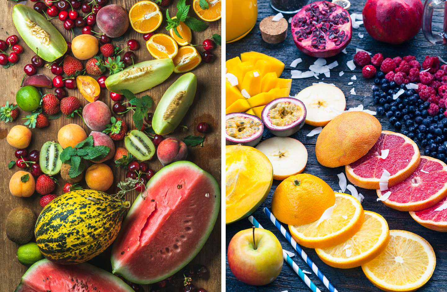 Des fruits coupés sont disposés sur une table.